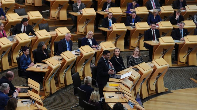 Humza Yousaf makes his final speech to the Scottish Parliament as outgoing First Minister, at the Scottish Parliament in Edinburgh. Picture date: Tuesday May 7, 2024.