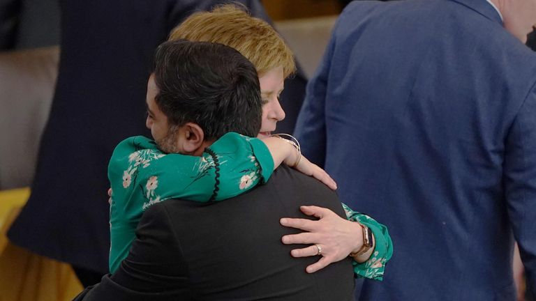 Humza Yousaf is hugged by the former first minister of Scotland, Nicola Sturgeon, after making his final speech.
Pic PA
