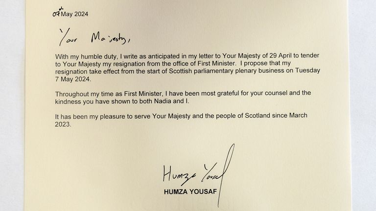 Official resignation letter to King Charles III from outgoing First Minister Humza Yousaf which was signed at the Scottish Parliament in Edinburgh. Picture date: Tuesday May 7, 2024.