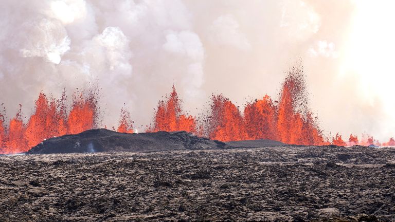 A volcano spews lava in Grindavik, Iceland, Wednesday, Wednesday, May 29, 2024. A volcano in southwestern Iceland is erupting, spewing red streams of lava in its latest display of nature's power. Pic: AP Photo/Marco di Marco