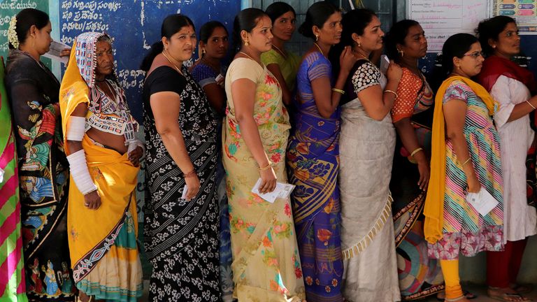 Women stand in a line to cast their votes at a polling station during the fourth phase of India&#39;s general election, in Rangareddy district in the southern state of Telangana, India, May 13, 2024. REUTERS/Almaas Masood
