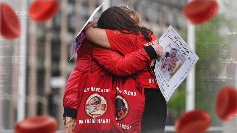 Pic: PA
Infected blood campaigners hugging at a meeting in Parliament Square in London ahead of the publication of the final report into the scandal. They will hold a minute of silence in remembrance of the people who have lost their lives because of this scandal. Picture date: Sunday May 19, 2024.