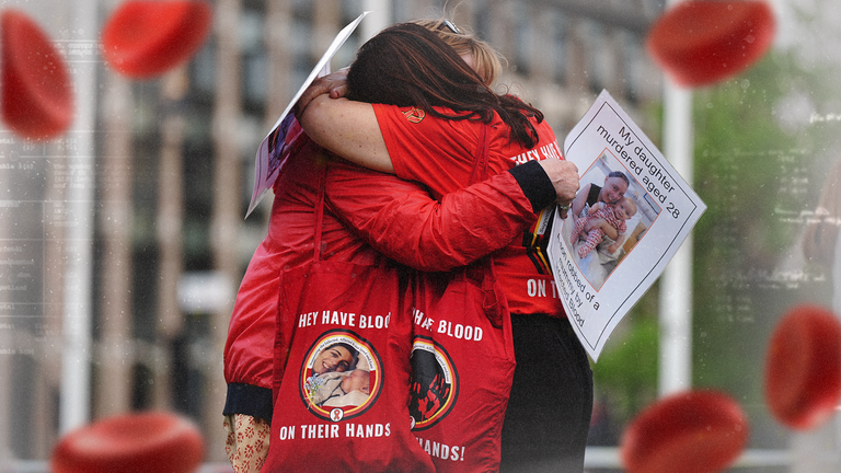 Pic: PA
Infected blood campaigners hugging at a meeting in Parliament Square in London ahead of the publication of the final report into the scandal. They will hold a minute of silence in remembrance of the people who have lost their lives because of this scandal. Picture date: Sunday May 19, 2024.