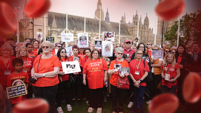 Pic: PA
Infected blood campaigners meeting in Parliament Square in London ahead of the publication of the final report into the scandal. They will hold a minute of silence in remembrance of the people who have lost their lives because of this scandal. Picture date: Sunday May 19, 2024.
