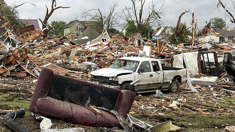 Damage is seen after a tornado passed through Greenfield, Iowa, Tuesday, May 21, 2024. (AP Photo/Hannah Fingerhut)