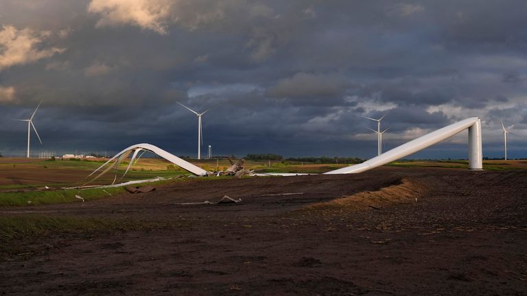 Pic: AP
The remains of a tornado-damaged wind turbine touch the ground in a field, Tuesday, May 21, 2024, near Prescott, Iowa. (AP Photo/Charlie Neibergall)