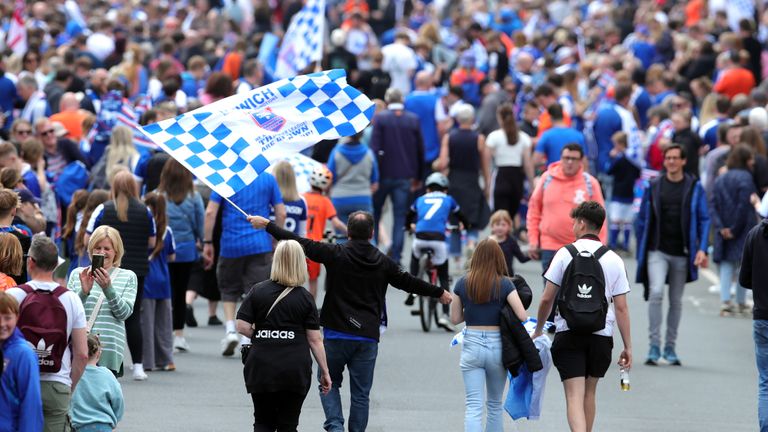Ipswich Town fans ahead of an open-top bus parade.
Pic PA
