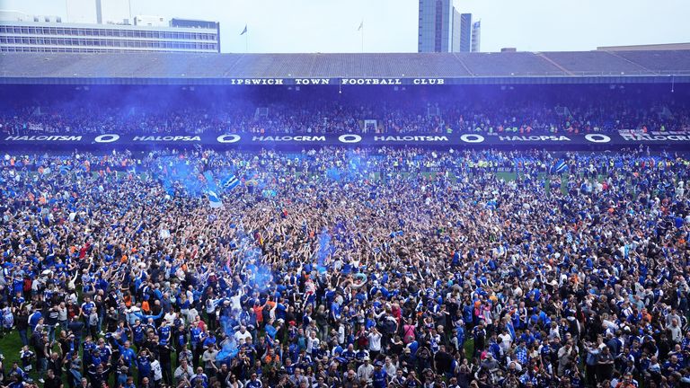 Ipswich Town celebrate their sides promotion to the Premier League. Pic: PA