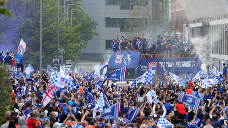 Ipswich Town players during an open-top bus parade in Ipswich to celebrate promotion to the Premier League. Picture date: Monday May 6, 2024. PA Photo. See PA story SOCCER Ipswich. Photo credit should read: Chris Radburn/PA Wire...RESTRICTIONS: Use subject to restrictions. Editorial use only, no commercial use without prior consent from rights holder.