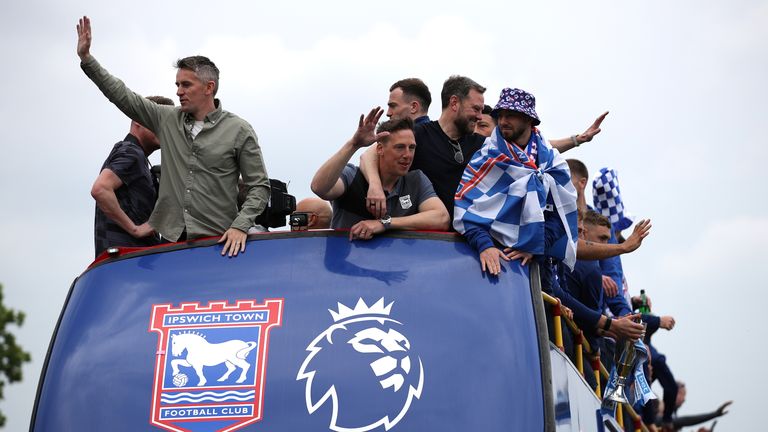 Ipswich Town manager Kieran McKenna during the open-top bus parade in Ipswich. Pic: PA