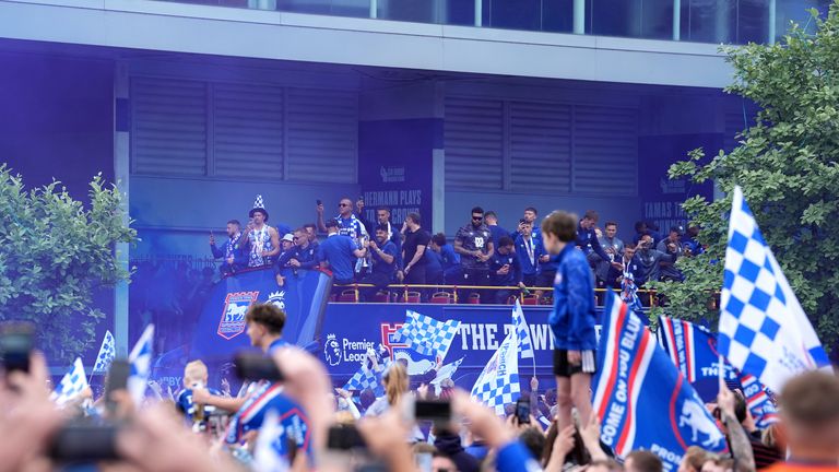Ipswich Town players during an open-top bus parade in Ipswich.
Pic:PA