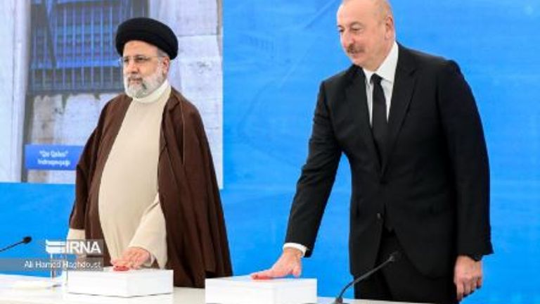 President Raisi (left) had been in Azerbaijan to inaugurate a dam alongside the country&#39;s leader. Pic: IRNA