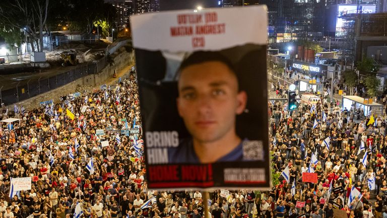 A placard showing an Israeli hostage during protests inTel Aviv on Saturday. Pic: Reuters