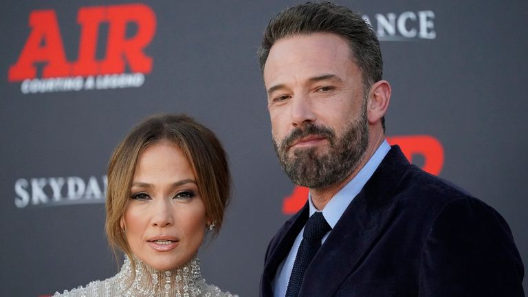 Jennifer Lopez and Ben Affleck arrive at the world premiere of "Air" on Monday, March 27, 2023, at the Regency Village Theatre in Los Angeles. (AP Photo/Ashley Landis)