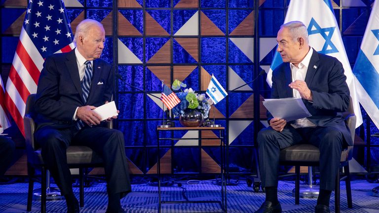 US President Joe Biden, left, meets with Israeli Prime Minister Benjamin Netanyahu in Tel Aviv in October 2023. Image;  AP