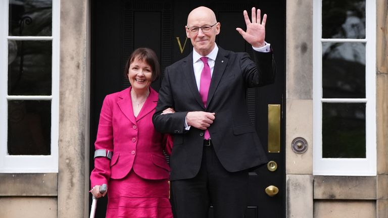 John Swinney, with his wife Elizabeth Quigley, on the steps of Bute House in Edinburgh, the official residence of the First Minister, after he was voted by MSPs to be Scotland&#39;s next first minister, succeeding Humza Yousaf who formally resigned from the post earlier on Tuesday. Picture date: Tuesday May 7, 2024.