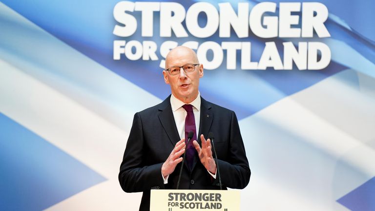 Newly elected leader of the SNP John Swinney delivers his acceptance speech.
Pic AP