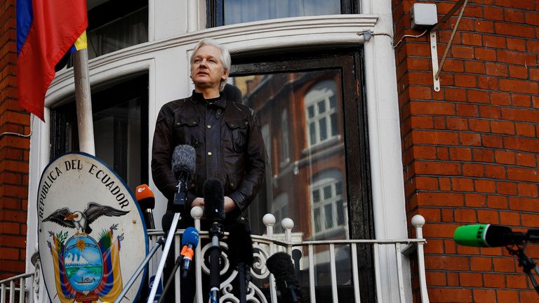 WikiLeaks founder Julian Assange on the balcony of the Ecuadorian Embassy in London in 2017. Pic: Reuters