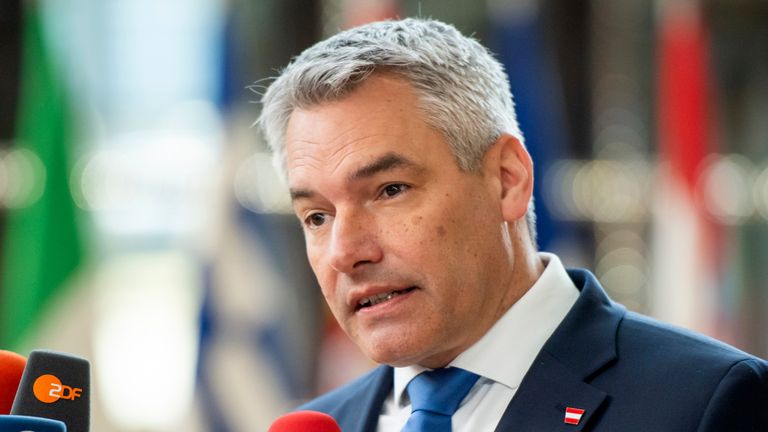 Austria&#39;s Chancellor Karl Nehammer speaks with the media as he arrives for an EU summit in Brussels, Thursday, April 18, 2024. European Union leaders vowed on Wednesday to ramp up sanctions against Iran as concern grows that Tehran&#39;s unprecedented attack on Israel could fuel a wider war in the Middle East. (AP Photo/Harry Nakos)