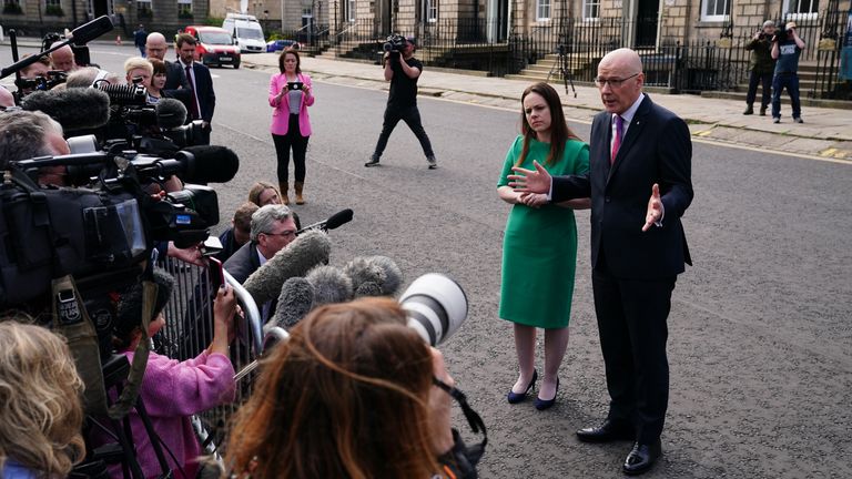Kate Forbes and newly appointed First Minister of Scotland John Swinney speak to the media outside Bute House, Edinburgh, after he appointed her as Deputy First Minister as he assembled his Cabinet. Picture date: Wednesday May 8, 2024.