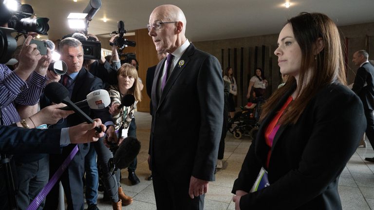 First Minister of Scotland John Swinney and Deputy First Minister of Scotland Kate Forbes, speak to the media at the Scottish Parliament in Holyrood, Edinburgh, following Mr Swinney&#39;s debut at First Minister&#39;s Questions. Picture date: Thursday May 9, 2024.
