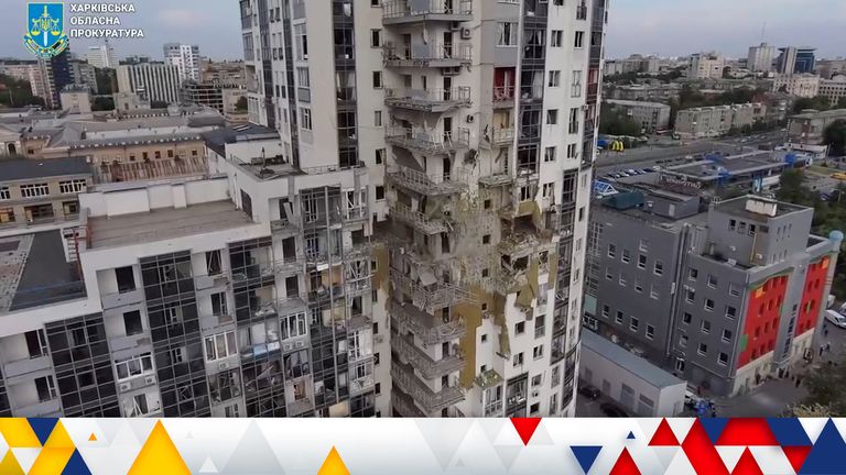 Pic: Kharkiv Regional Prosecutor's Office/Reuters

A view of a damaged residential building in the aftermath of a Russian strike, amid Russia's attack on Ukraine, in Kharkiv, Ukraine, May 14, 2024 in this still image taken from video. Kharkiv Regional Prosecutor's Office/Handout via REUTERS THIS IMAGE HAS BEEN SUPPLIED BY A THIRD PARTY. NO RESALES. NO ARCHIVES. MANDATORY CREDIT