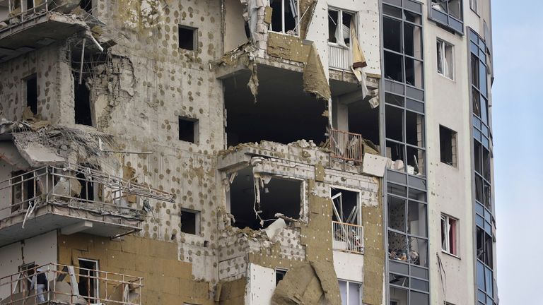 A damaged residential building in Kharkiv. Pic: Cover Images via AP