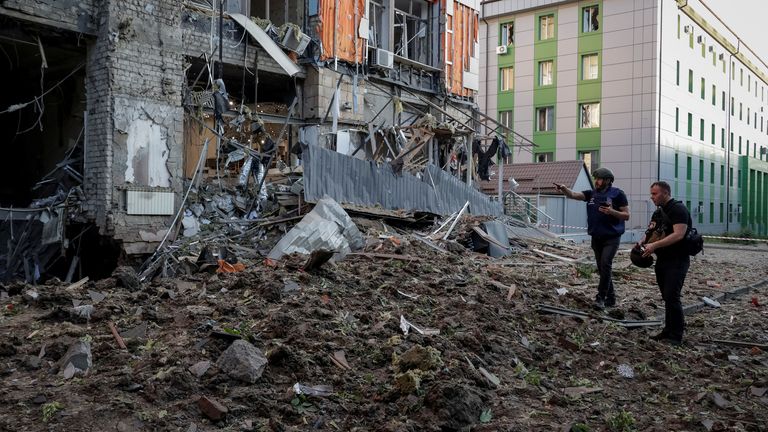 Aftermath of Russian strike on Kharkiv on Saturday. Pic: Reuters