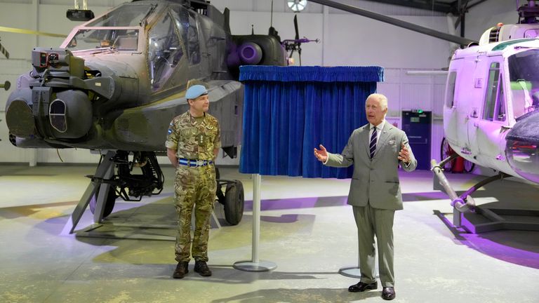 Pic: PA
King Charles III speaks during a visit to the Army Aviation Centre at Middle Wallop, Hampshire, prior to unveiling a plaque and officially handing over the role of Colonel-in-Chief of the Army Air Corps to the Prince of Wales. Picture date: Monday May 13, 2024.