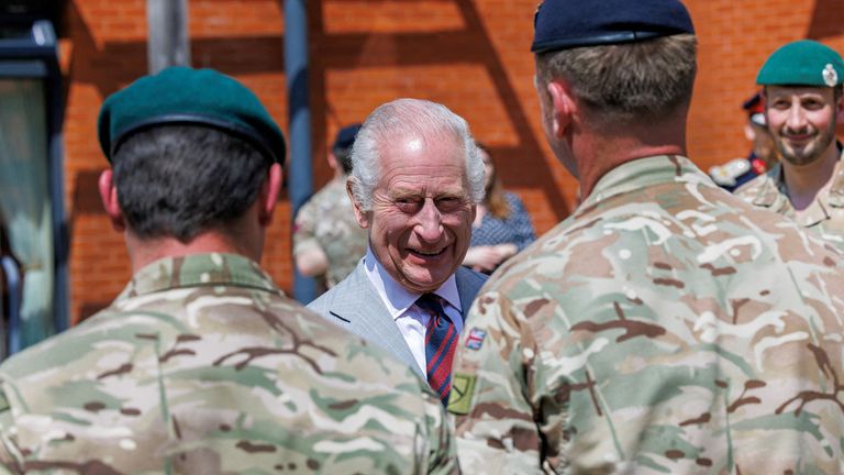 Pic: Reuters
King Charles visits the 3 Royal School of Military Engineering (RSME), the training base for the Army's Royal Engineers, in Minley, Britain, May 9, 2024. Jonathan Buckmaster/Pool via REUTERS
