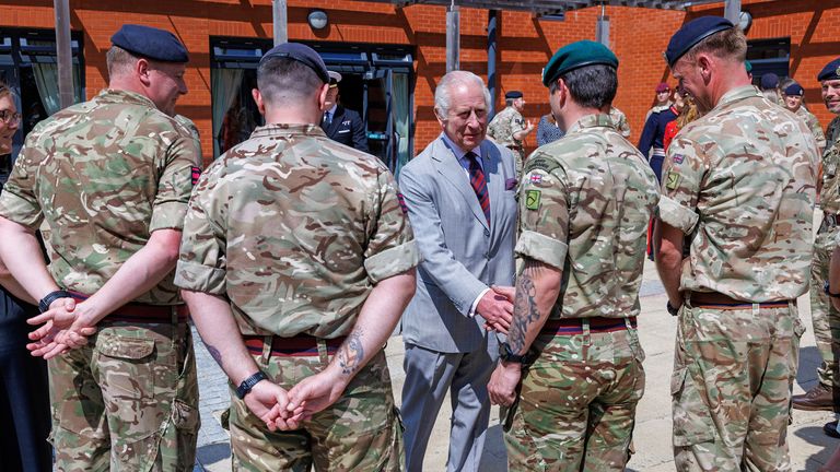 Pic: Reuters
Britain&#39;s King Charles visits the 3 Royal School of Military Engineering (RSME), the training base for the Army&#39;s Royal Engineers, in Minley, Britain, May 9, 2024.  Jonathan Buckmaster/Pool via REUTERS