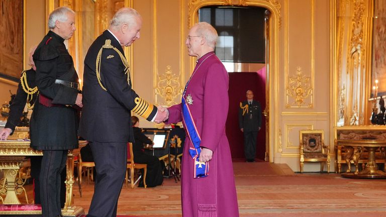 Pic: Jonathan Brady/PA 
The Most Reverend and Right Honourable Justin Welby, from London, Archbishop of Canterbury, is made a Knight Grand Cross of the Royal Victorian Order by King Charles III at Windsor Castle. The honour recognises services on the occasion of the Coronation of King Charles III and Queen Camilla.  Picture date: Tuesday May 14, 2024. PA Photo. See PA story ROYAL Investiture. Photo credit should read: Jonathan Brady/PA Wire 