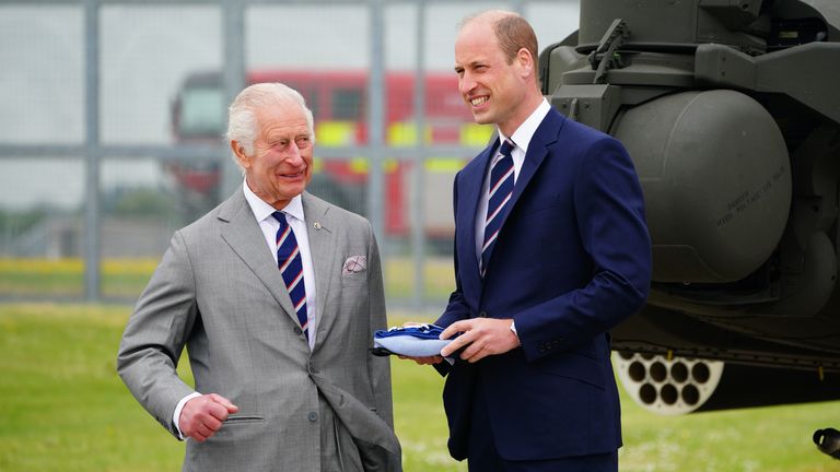 Pic: PA
King Charles III and the Prince of Wales during a visit to the Army Aviation Centre at Middle Wallop, Hampshire, for the King to officially hand over the role of Colonel-in-Chief of the Army Air Corps to William. Picture date: Monday May 13, 2024.