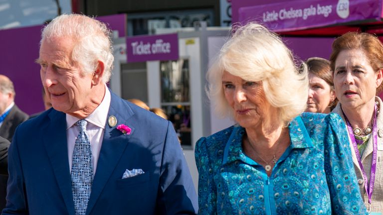King Charles III and Queen Camilla during a visit to the RHS Chelsea Flower Show at the Royal Hospital Chelsea in London. Picture date: Monday May 20, 2024.

