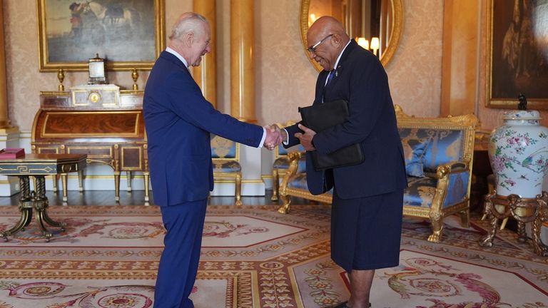 King Charles III during an audience with Prime Minister of Fiji, Sitiveni Rabuka, at Buckingham Palace today. Pic: PA