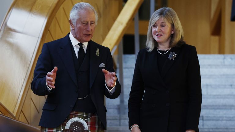 King Charles III with Presiding Officer of the Scottish Parliament Alison Johnstone during his visit to receive a Motion of Condolence at the Scottish Parliament in Holyrood, Edinburgh. Picture date: Monday September 12, 2022.
