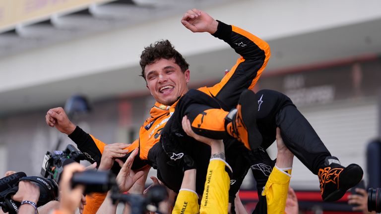 Lando Norris celebrates his victory. Pic: AP