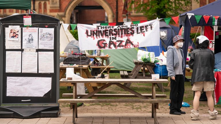 Students at an encampment on the grounds of the University of Leeds.
Pic: PA