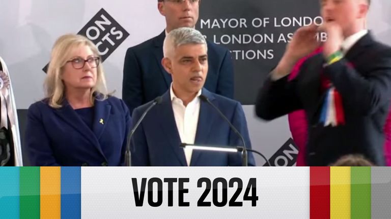Britain first candidate (R) interrupts Sadiq Khan's victory speech and heckles him