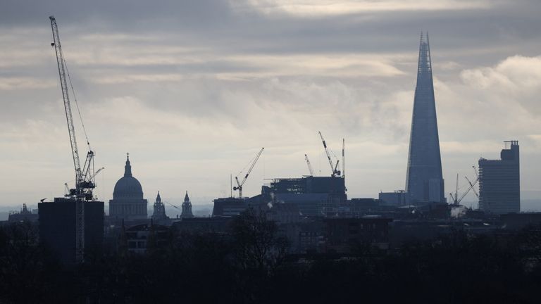 A view shows the skyline with St Paul&#39;s Cathedral, The Shard skyscraper and construction cranes, as seen from Primrose Hill, London, Britain, February 10, 2024. REUTERS/Hollie Adams