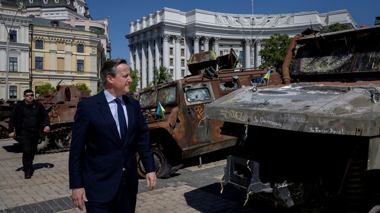 Foreign Secretary Lord David Cameron walks past a display of destroyed Russian military vehicles in Saint Michael&#39;s Squareduring his visit to Kyiv in Ukraine. Picture date: Thursday May 2, 2024. Pic PA
