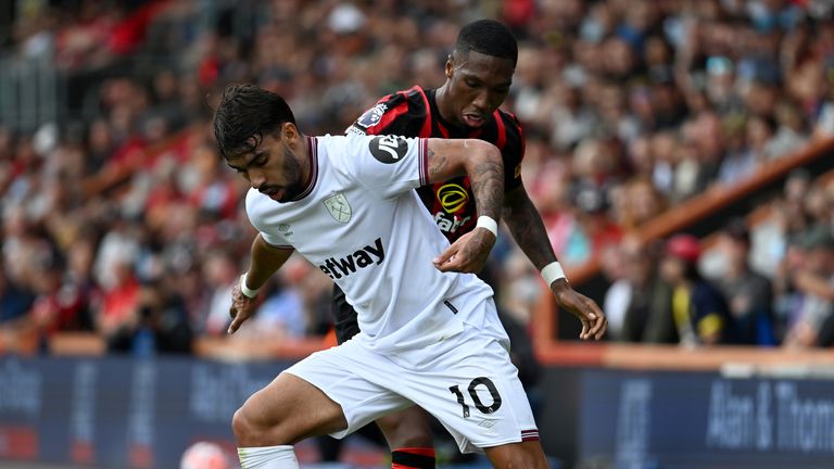 West Ham United&#39;s Lucas Paqueta (left) and Bournemouth&#39;s Jaidon Anthony battle for the ball during the Premier League match at the Vitality Stadium, Bournemouth. Picture date: Saturday August 12, 2023.

