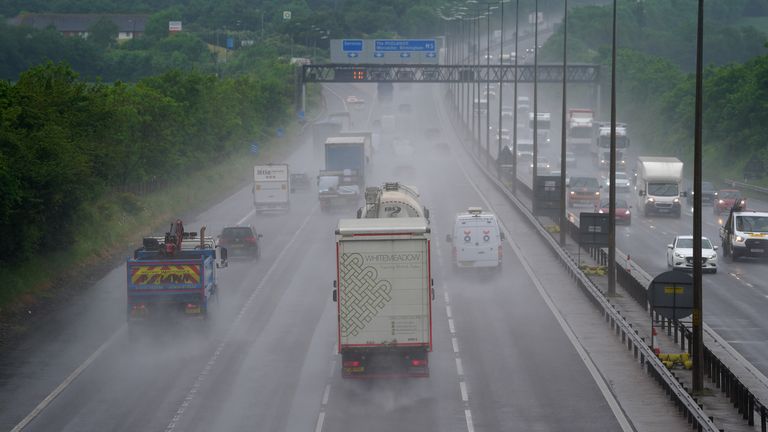 A general view of motorists in rain on the M5 northbound.
Pic: PA