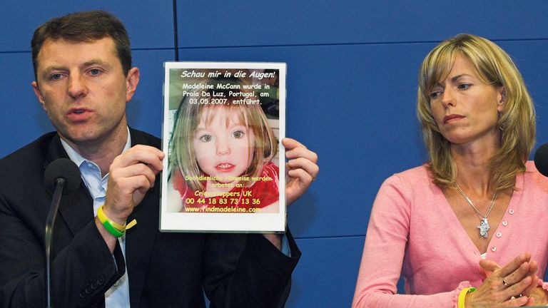 Gerry, left, and Kate McCann, present a picture of their missing daughter during a press conference in Berlin in 2007. Pic: AP