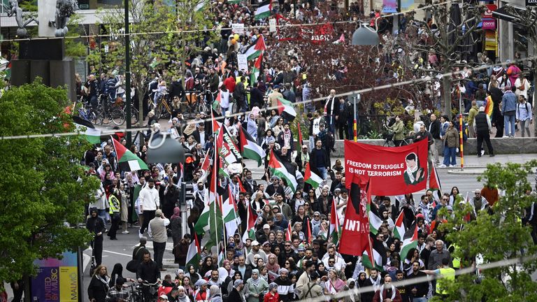 Protesters take part in the Stop Israel demonstration in Malmo, Sweden, Thursday, May 9, 2024. Several protests are expected against Israel&#39;s participation in the 68th edition of the Eurovision Song Contest (ESC) at the Malmo Arena. (Johan Nilsson/TT News Agency via AP)
