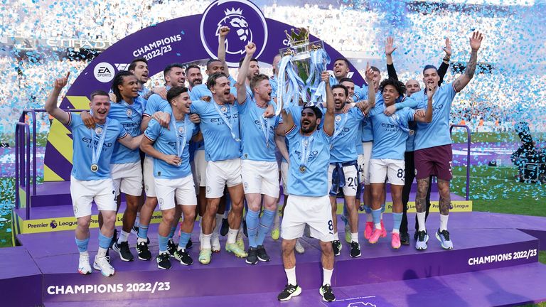 File photo dated 21-05-2023 of Manchester City&#39;s Ilkay Gundogan lifts the Premier League trophy.  Pic: Martin Rickett/PA Wire