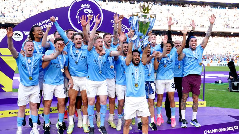 Manchester City lifting the Premier League trophy in 2023. Pic: PA