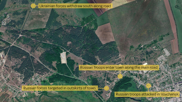 Map of geotagged images of the Russian advance towards Vovchansk.  Source: Sky News and Google 