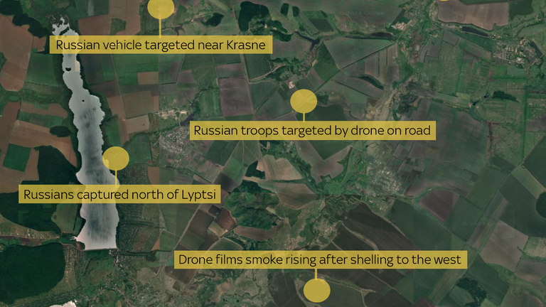 Map of geolocated material from Russian offensive north of Lyptsi. Source: Sky News and Google Earth 