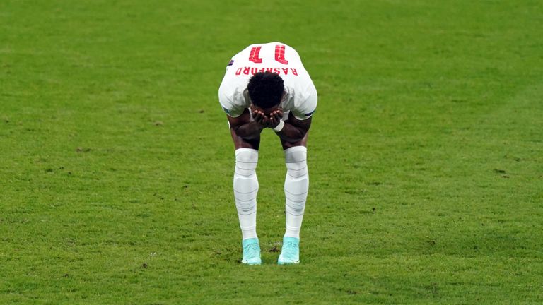 File photo dated 11-07-2021 of England&#39;s Marcus Rashford stands dejected after missing from the penalty spot during the UEFA Euro 2020 Final at Wembley Stadium, London. Marcus Rashford has not kicked a ball for England since missing his spot-kick in last year’s European Championship final penalty shoot-out defeat to Italy, with injury and poor form seeing him fall out of Southgate’s plans last term. Issue date: Thursday November 10, 2022.


